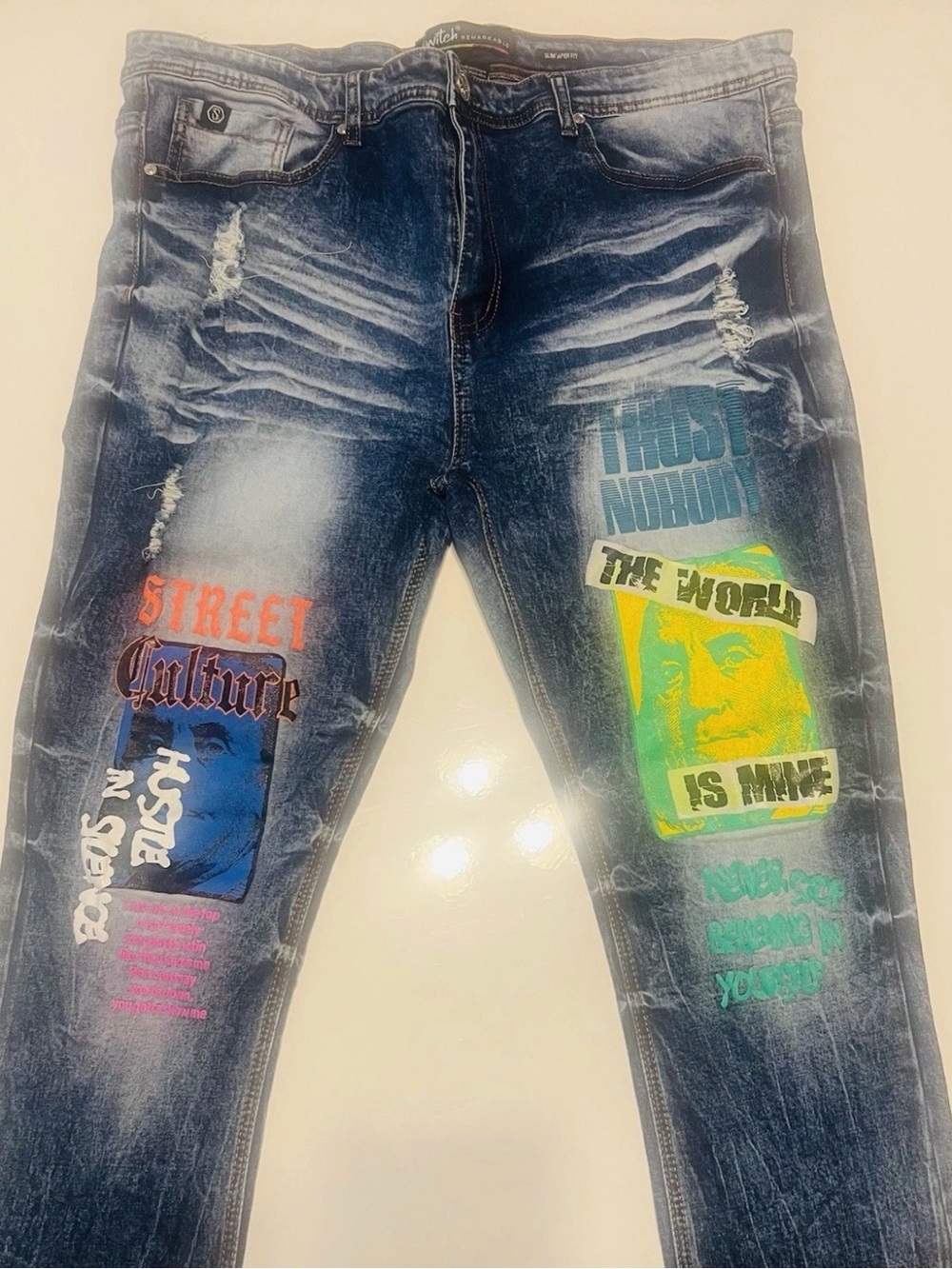 Switch Remarkable Men's Distressed Graphic Blue Washed Jeans